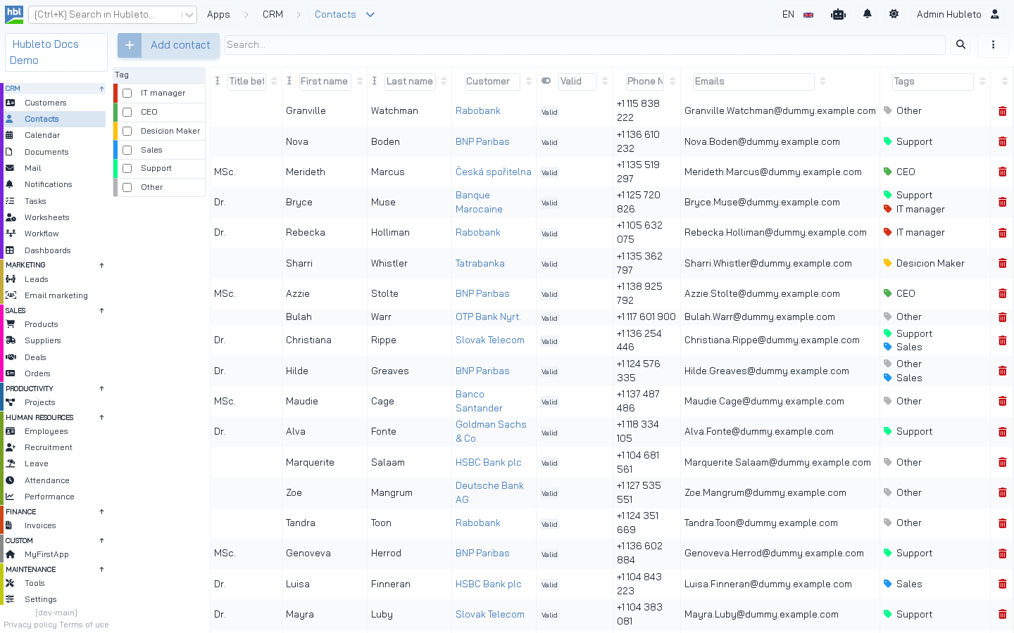 Contacts table rendered by the hblreact-contacts-table-contacts tag