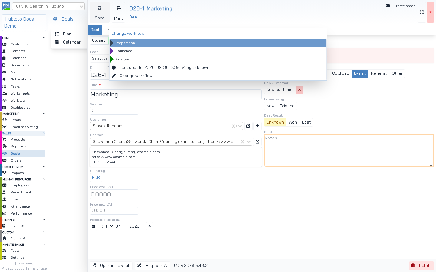 Workflow selector in the deal form