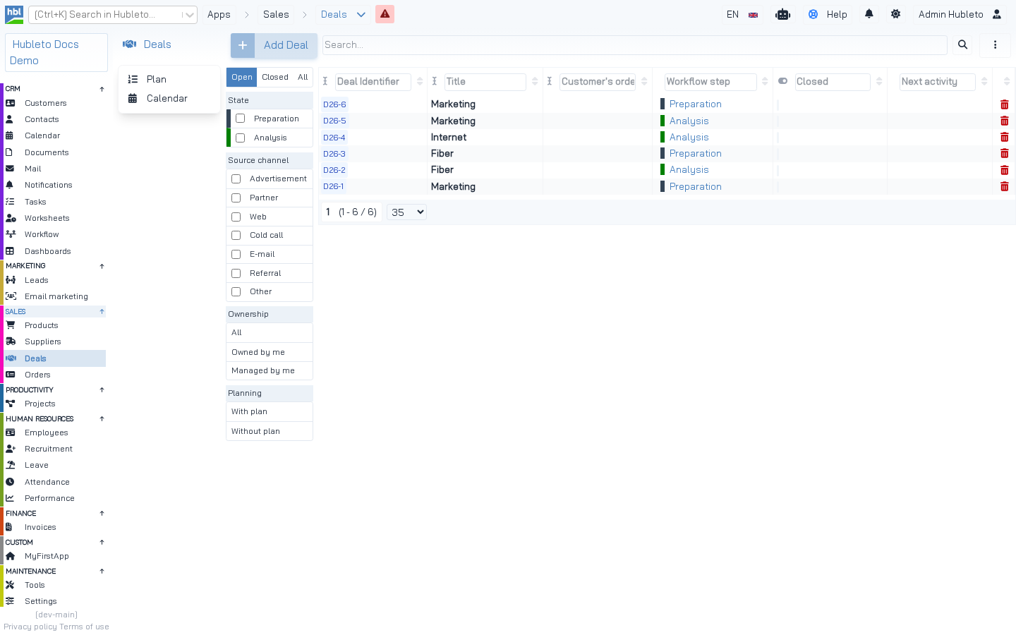 Deals table with filters described by Deal::describeTable()