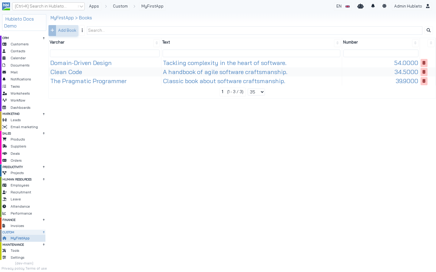 Book table generated by the CLI