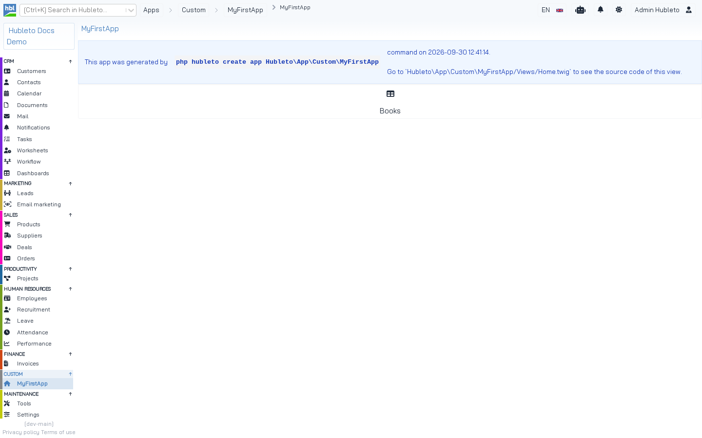 Home page of the generated app