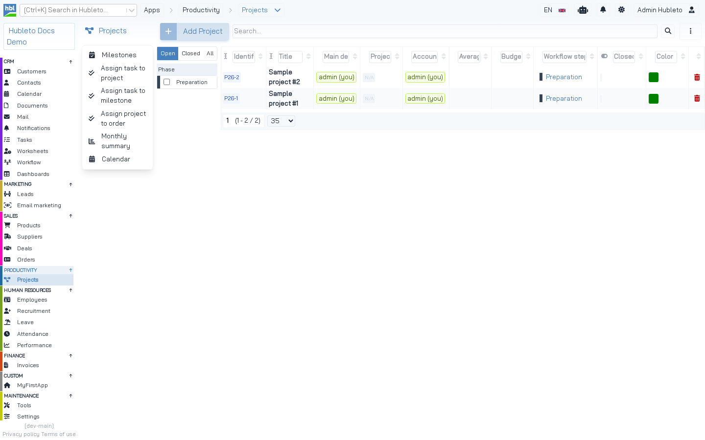 Second sidebar of the Projects app
